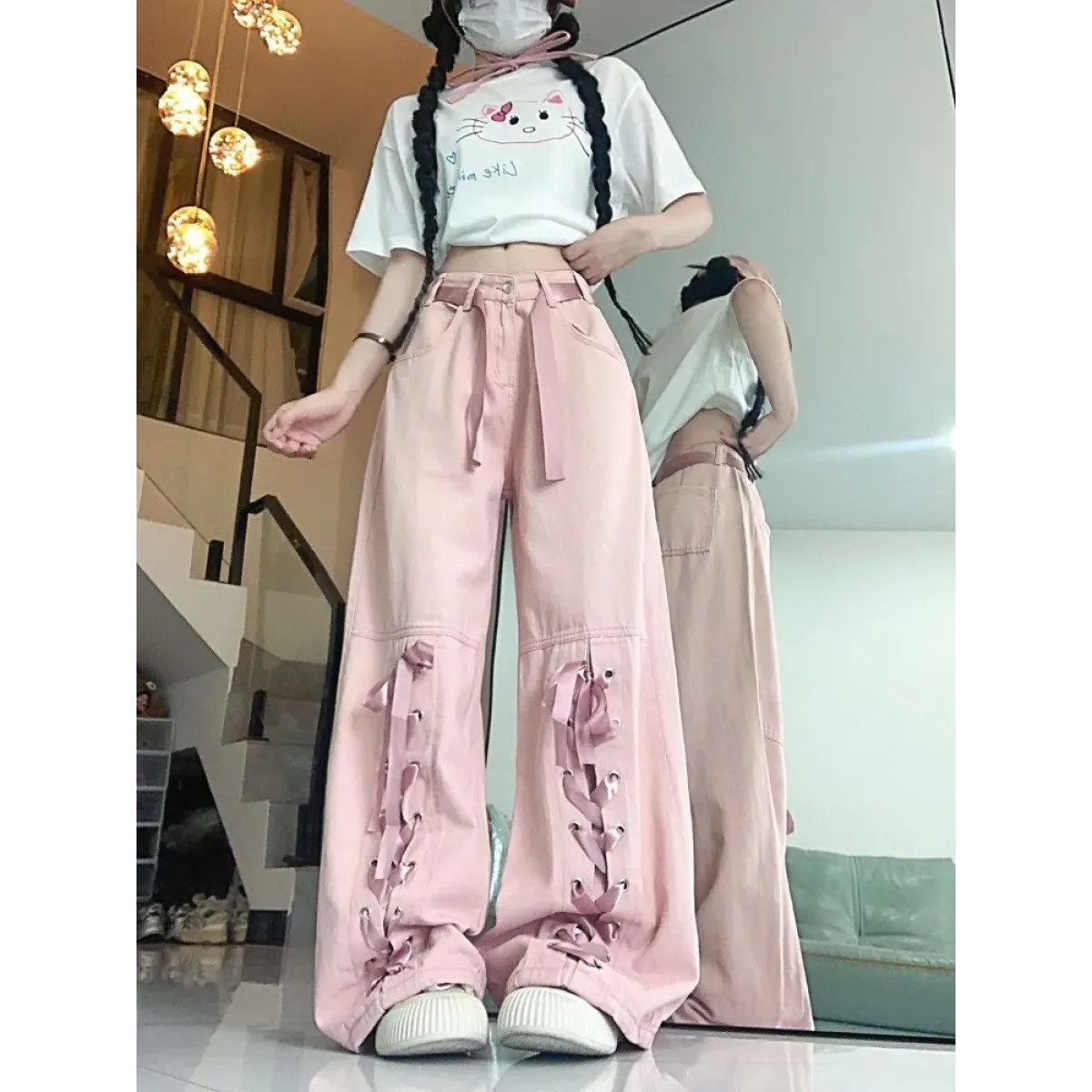 Y2K Pink Lace-Up Bow Wide Leg Pants - Bottoms - Pants - 3