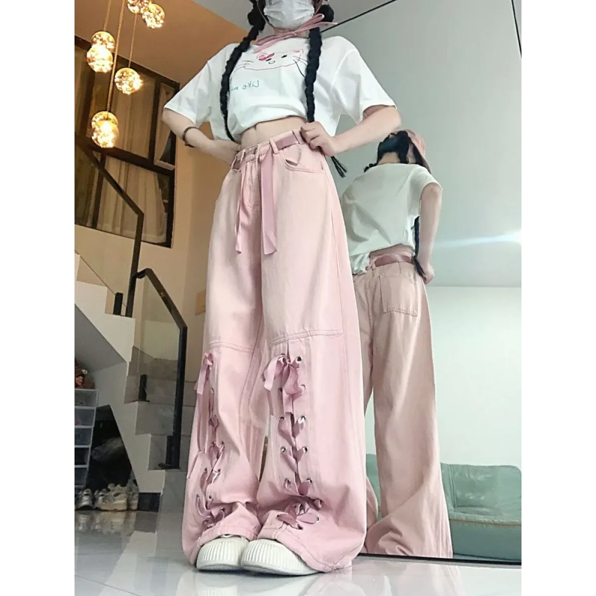 Y2K Pink Lace-Up Bow Wide Leg Pants - Bottoms - Pants - 4
