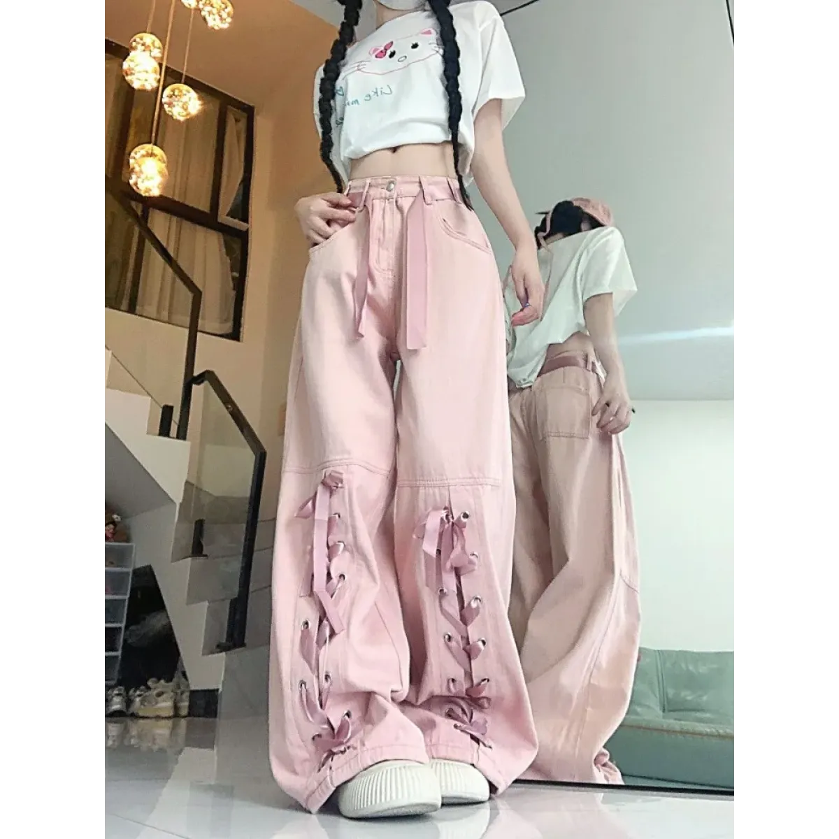 Y2K Pink Lace-Up Bow Wide Leg Pants - Bottoms - Pants - 5