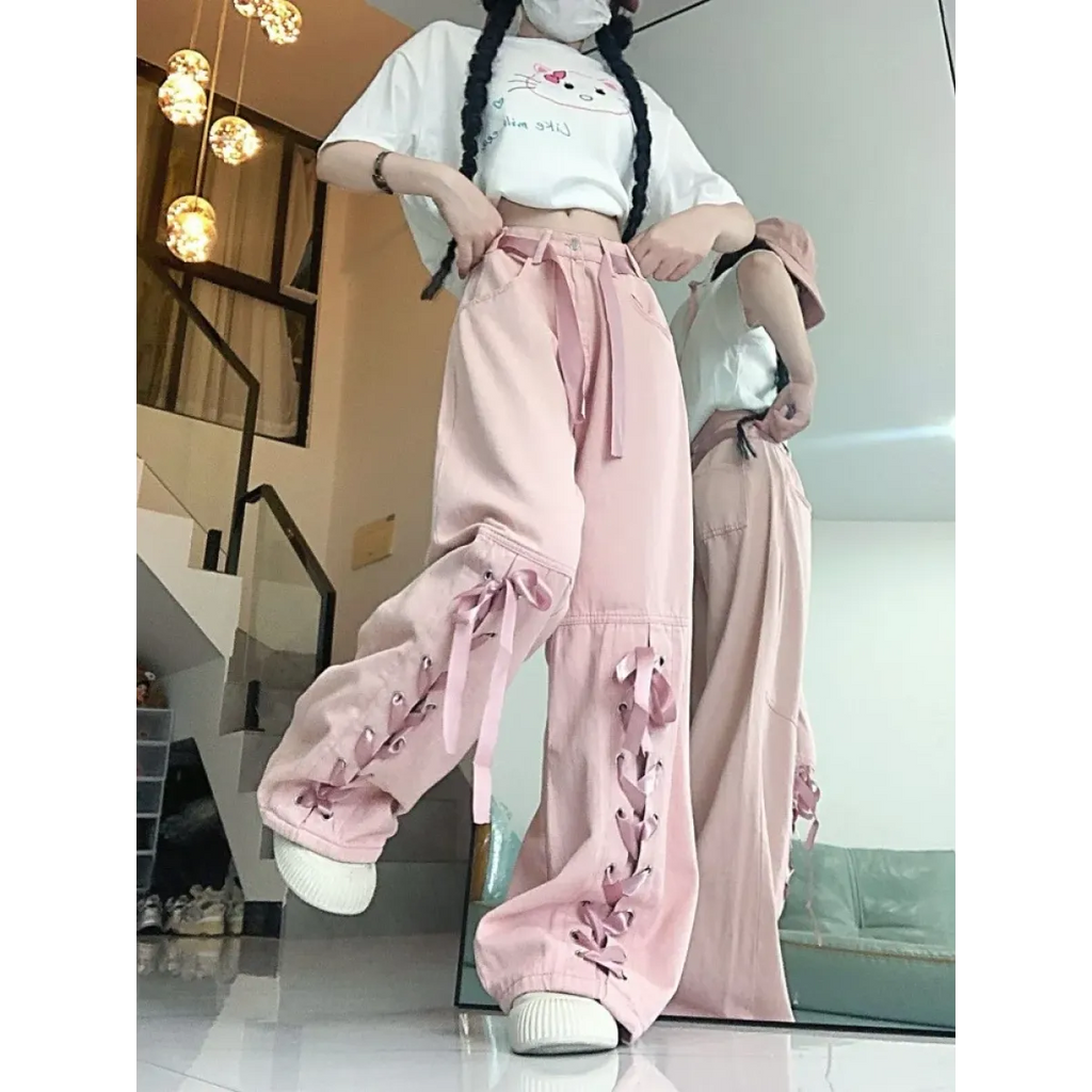 Y2K Pink Lace-Up Bow Wide Leg Pants - Bottoms - Pants - 6