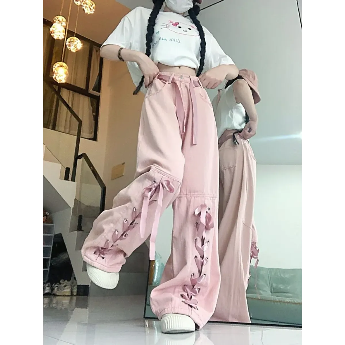 Y2K Pink Lace-Up Bow Wide Leg Pants - Bottoms - Pants - 6