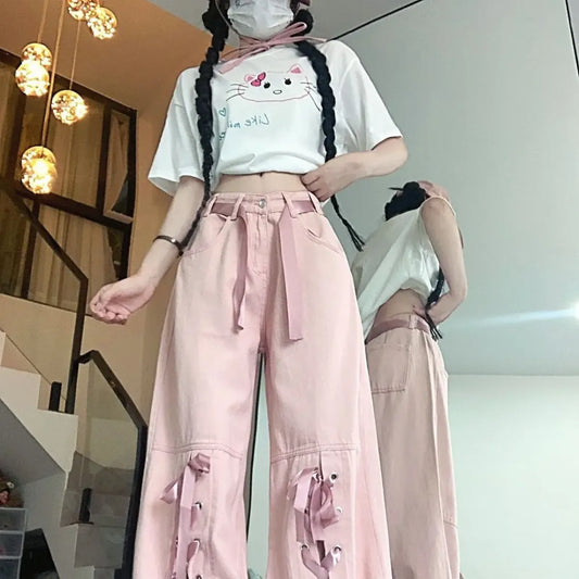 Y2K Pink Lace-Up Bow Wide Leg Pants - Bottoms - Pants - 7