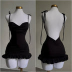 Y2K Lace-Up Open Back Mini Dress - Sexy Slim Fit Skirt - All Dresses - Sleeveless - Off-Shoulder - Dresses - 1