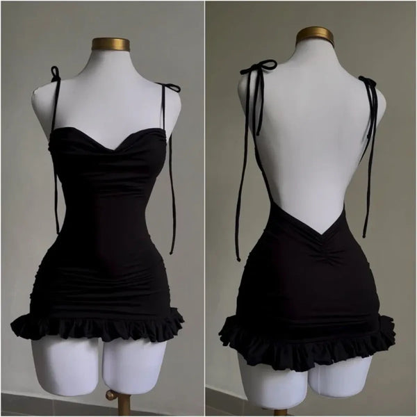 Y2K Lace-Up Open Back Mini Dress - Sexy Slim Fit Skirt - All Dresses - Sleeveless - Off-Shoulder - Dresses - 1