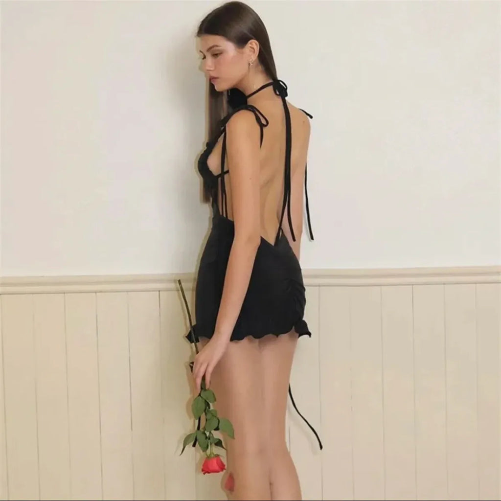 Y2K Lace-Up Open Back Mini Dress - Sexy Slim Fit Skirt - All Dresses - Sleeveless - Off-Shoulder - Dresses - 10