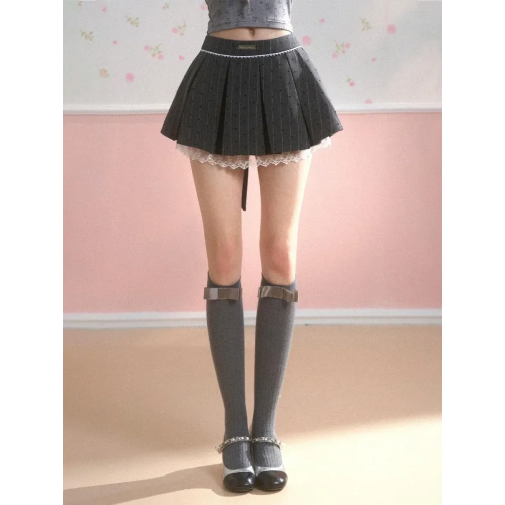 Pleated Mini Skirt – Y2K Lolita Bow Lace Patchwork - Bottoms - Short - Round - Skirts - 2