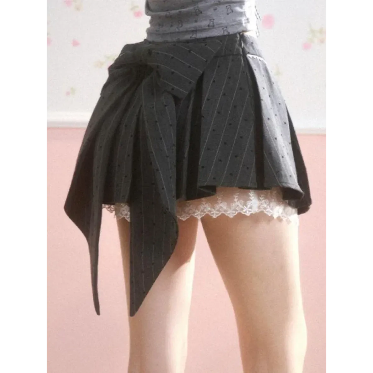 Pleated Mini Skirt – Y2K Lolita Bow Lace Patchwork - Bottoms - Short - Round - Skirts - 4