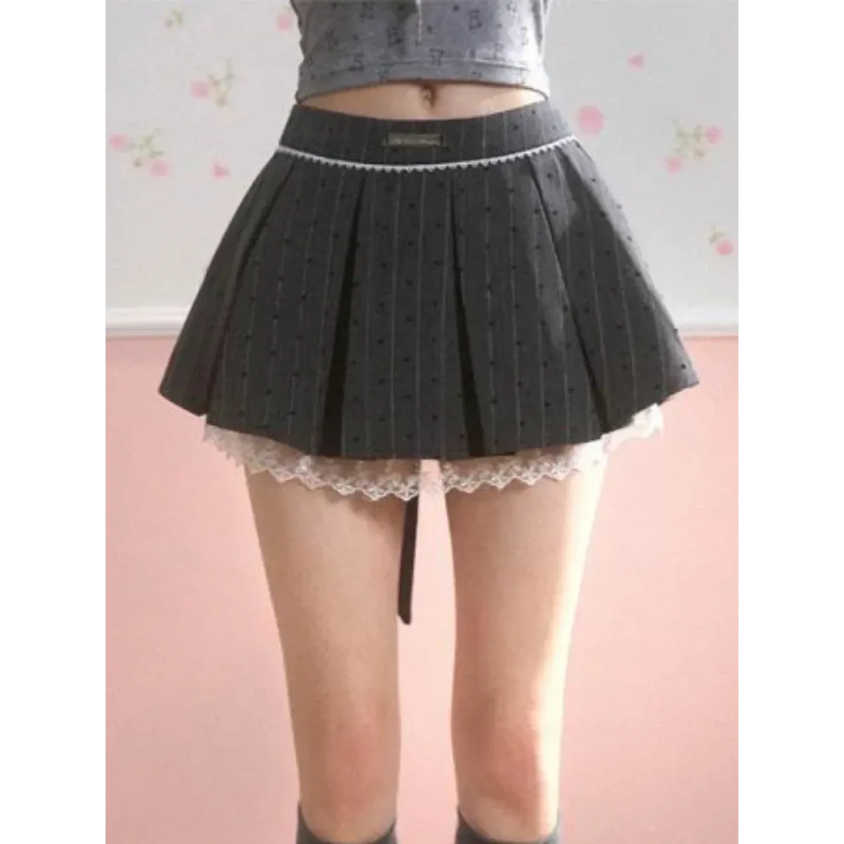Pleated Mini Skirt – Y2K Lolita Bow Lace Patchwork - Bottoms - Short - Round - Skirts - 5