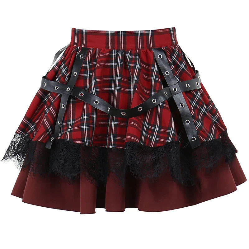 Y2K Lolita Layered Mini Skirt – Gothic Harajuku Plaid Pleated Design - Red / XS - Bottoms - Dance Dresses Skirts &