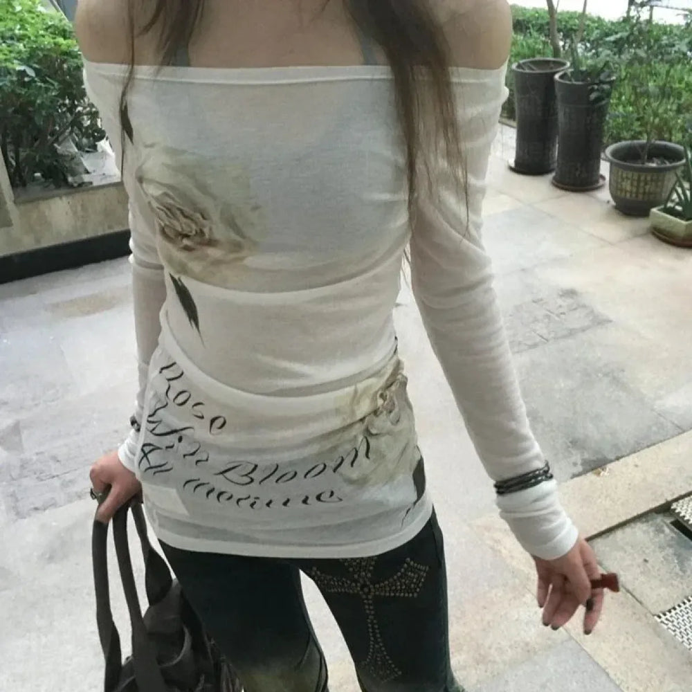 Y2K Off Shoulder Floral Long Sleeve Top - Women’s Clothing & Accessories - Tops - 1