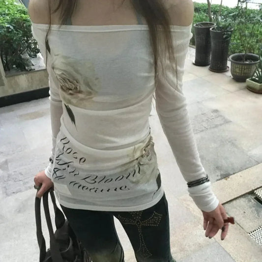 Y2K Off Shoulder Floral Long Sleeve Top - Women’s Clothing & Accessories - Tops - 1
