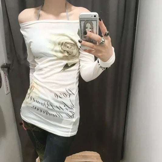 Y2K Off Shoulder Floral Long Sleeve Top - Women’s Clothing & Accessories - Tops - 2