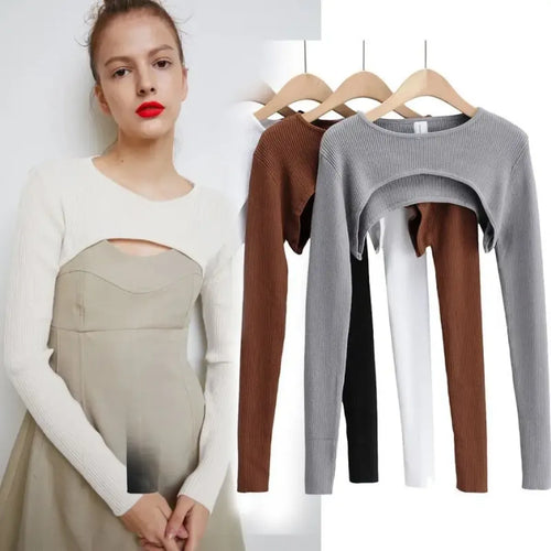 Y2K Knit Long Sleeve Shrug Crop Top - Women’s Clothing & Accessories - Crop Top - 1