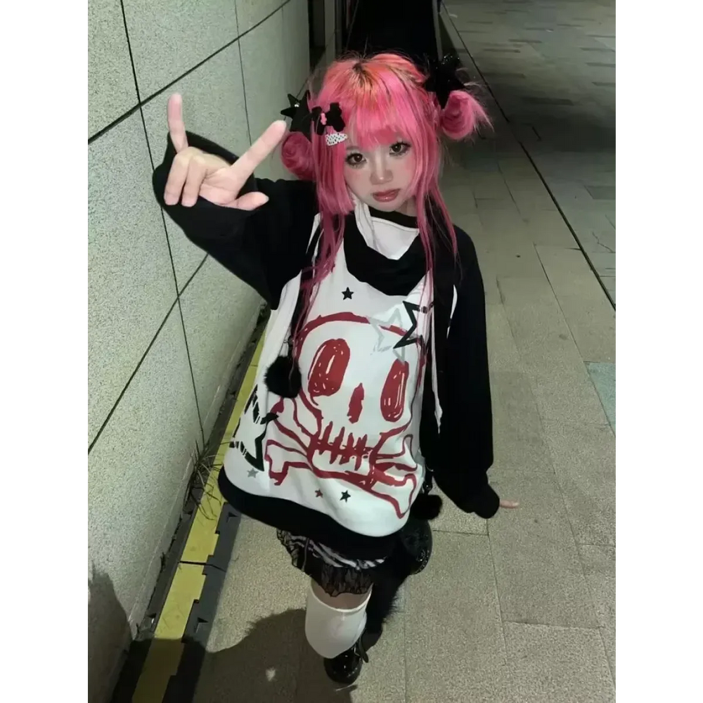 Y2K Skull Faux Layered Harajuku Long Sleeve Tee - T-Shirts - T-Shirt - 1