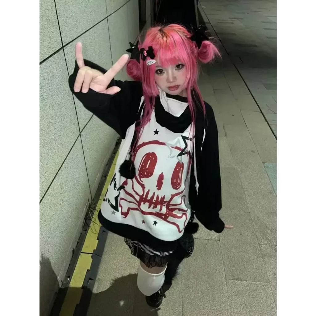 Y2K Skull Faux Layered Harajuku Long Sleeve Tee - T-Shirts - T-Shirt - 1