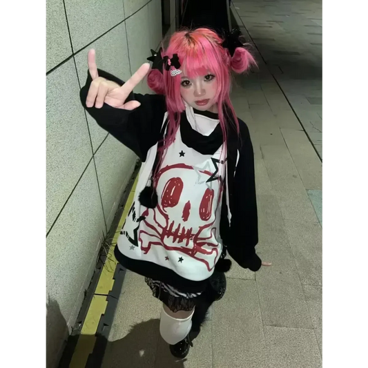Y2K Skull Faux Layered Harajuku Long Sleeve Tee - T-Shirts - T-Shirt - 1