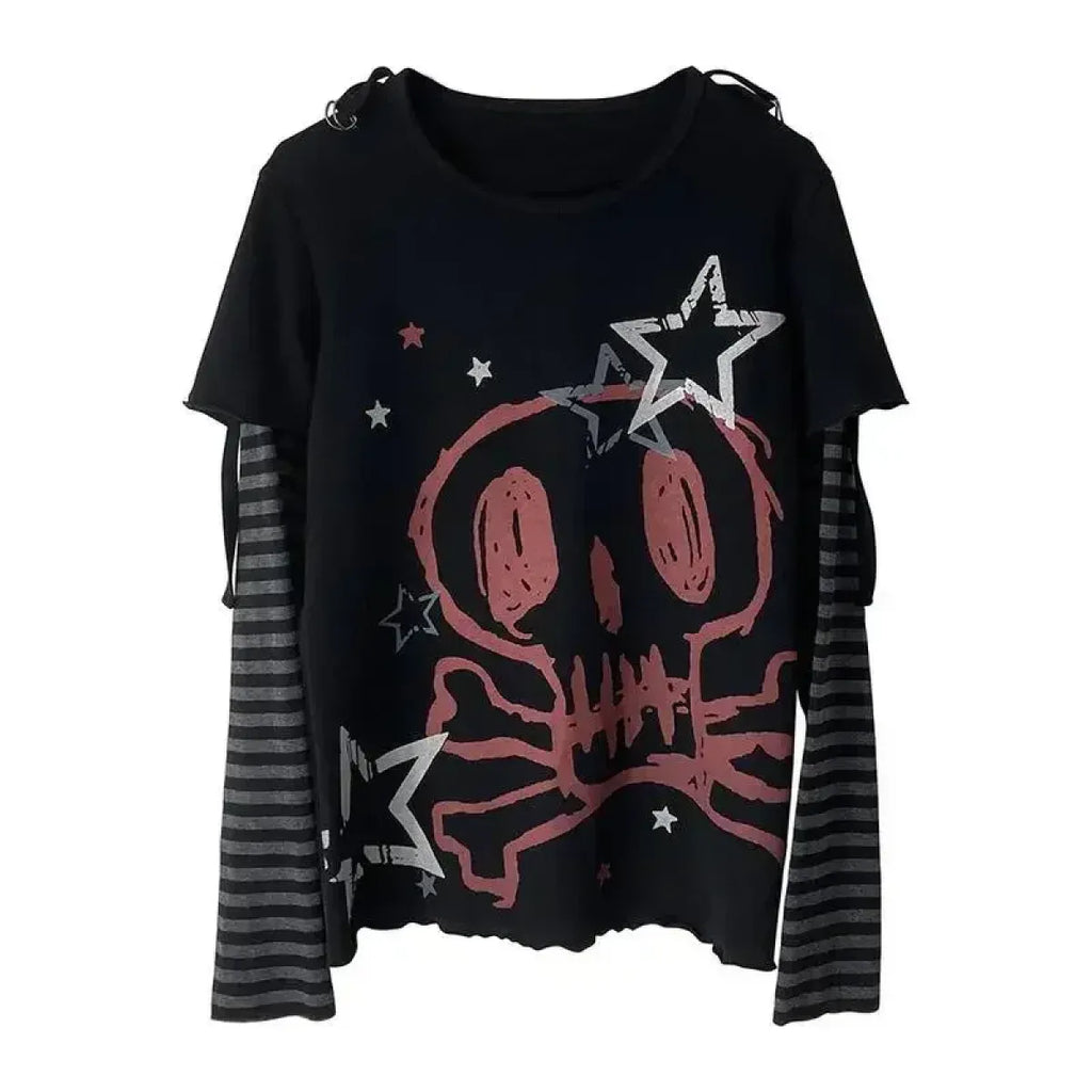 Y2K Skull Faux Layered Harajuku Long Sleeve Tee - T-Shirts - T-Shirt - 4