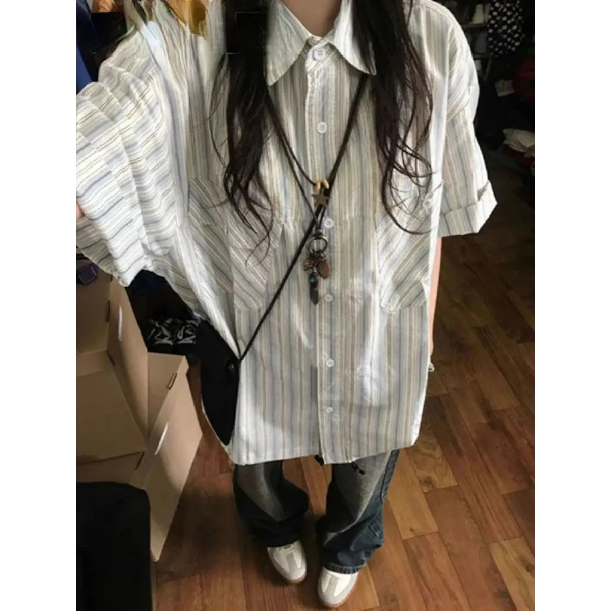 Y2K Striped Loose Fit Button-Up Shirt - T-Shirts - Button-Up Shirt - 1