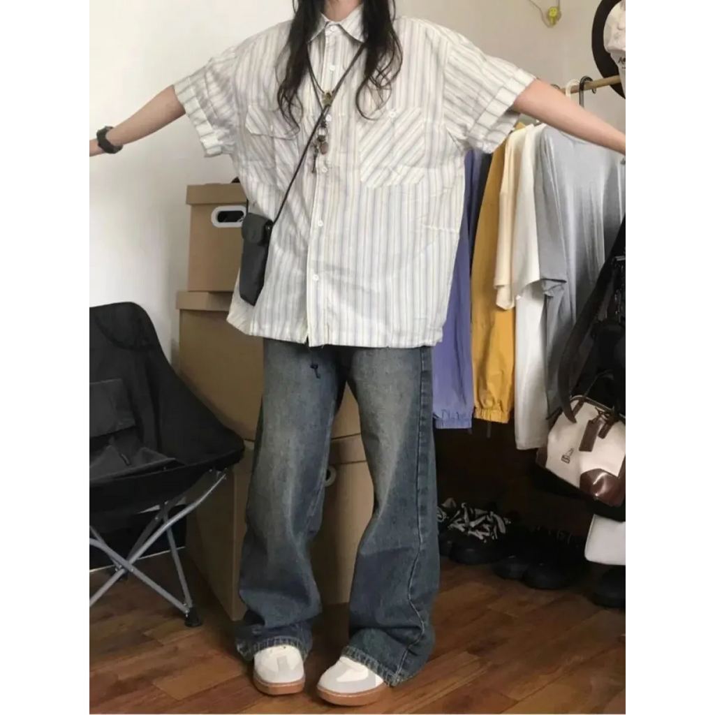 Y2K Striped Loose Fit Button-Up Shirt - T-Shirts - Button-Up Shirt - 3