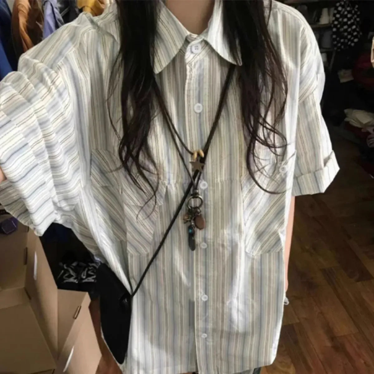 Y2K Striped Loose Fit Button-Up Shirt - T-Shirts - Button-Up Shirt - 7