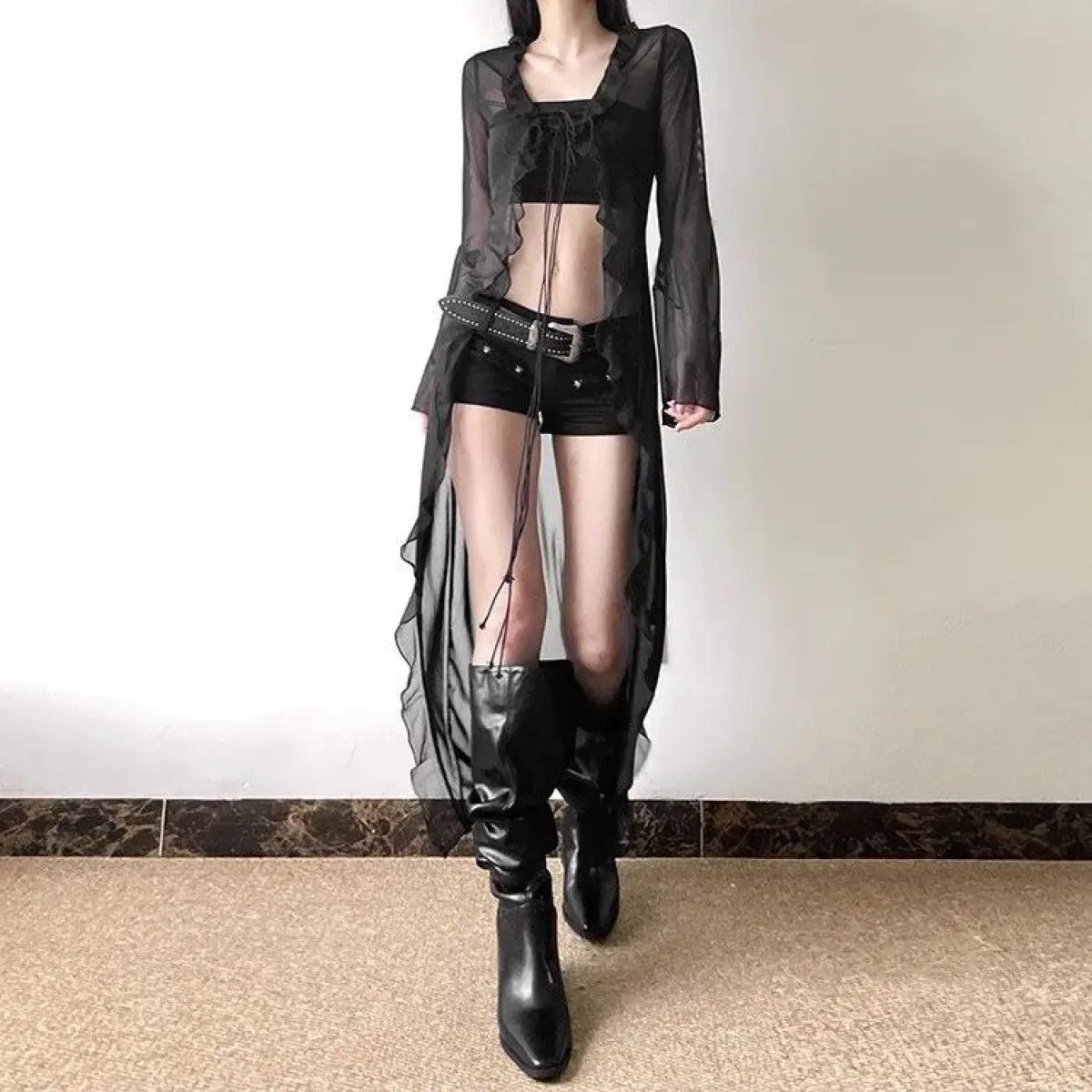 Y2K Sheer Ruffle Mesh Cardigan Top - Women’s Clothing & Accessories - Blouse - 1