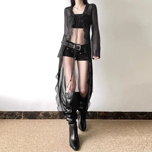 Y2K Sheer Ruffle Mesh Cardigan Top - Women’s Clothing & Accessories - Blouse - 1