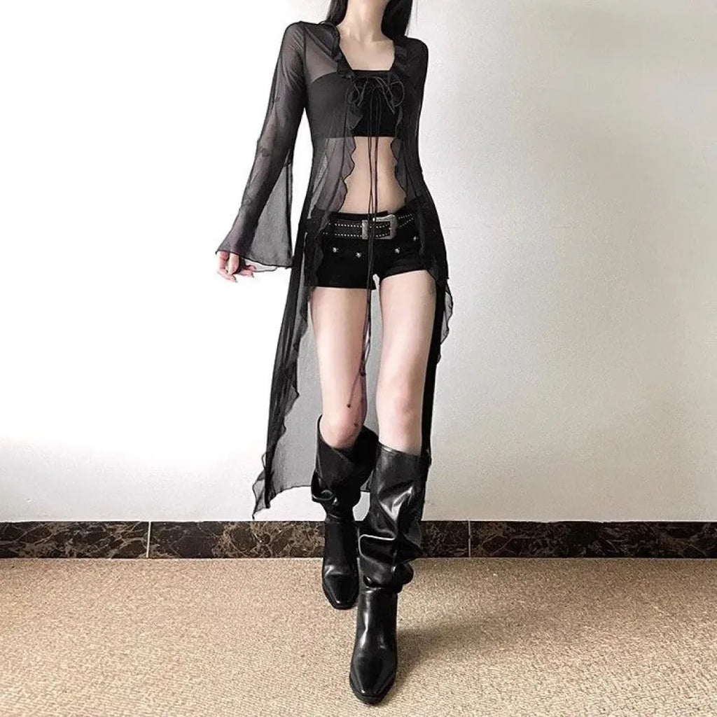 Y2K Sheer Ruffle Mesh Cardigan Top - Women’s Clothing & Accessories - Blouse - 3