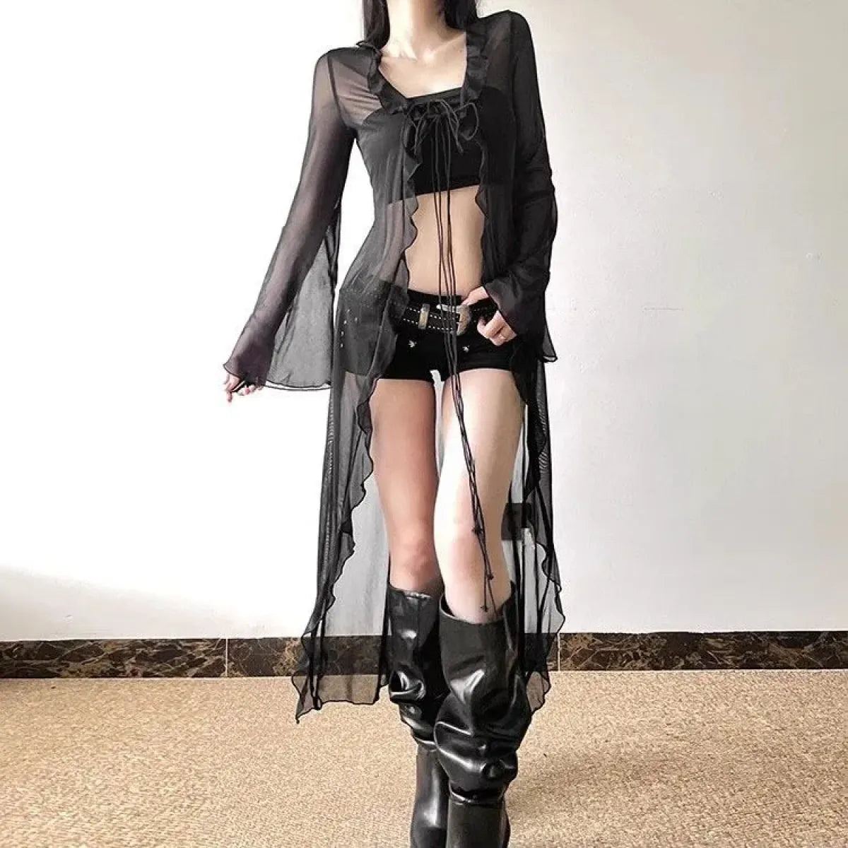 Y2K Sheer Ruffle Mesh Cardigan Top - Women’s Clothing & Accessories - Blouse - 4