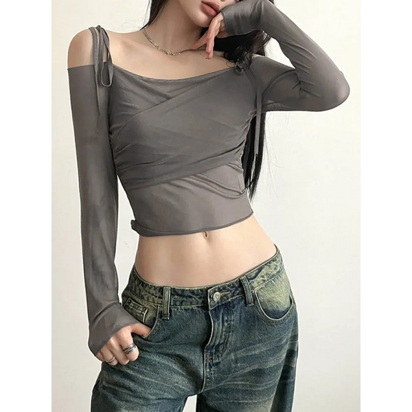 Y2K Off Shoulder Mesh Crop Top - Women’s Clothing & Accessories - Crop Tops - 1