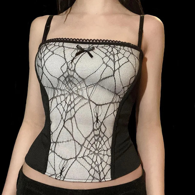 Gothic Spider Lace Cami – Y2K Mesh Tank Top Harajuku Clubwear - White / S - Women’s Clothing & Accessories