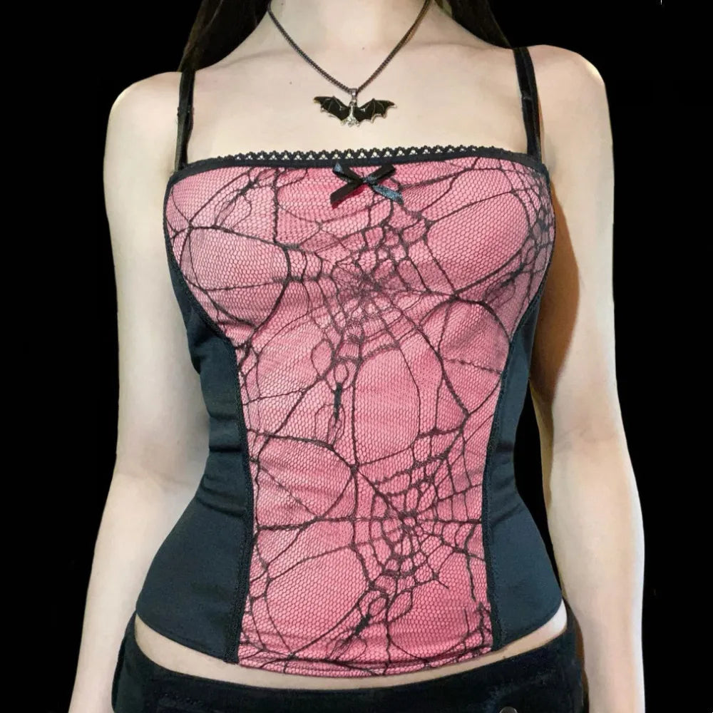 Gothic Spider Lace Cami – Y2K Mesh Tank Top Harajuku Clubwear - Pink / L - Women’s Clothing & Accessories