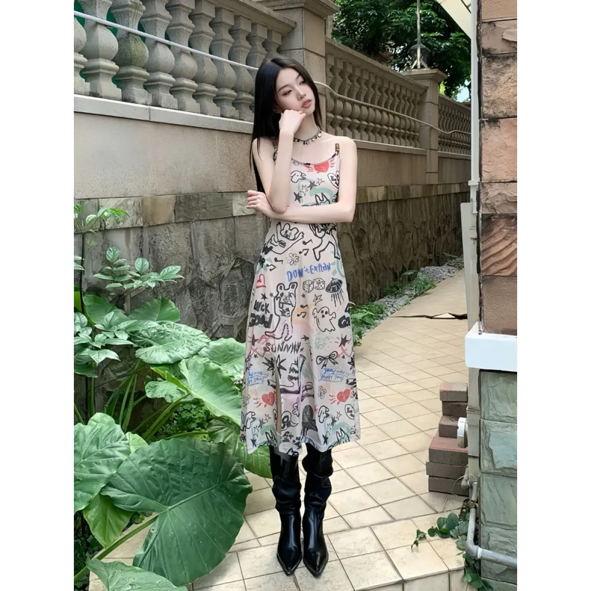 Y2K Cartoon Mesh Split Midi Dress - All Dresses - Midi Dress - 5