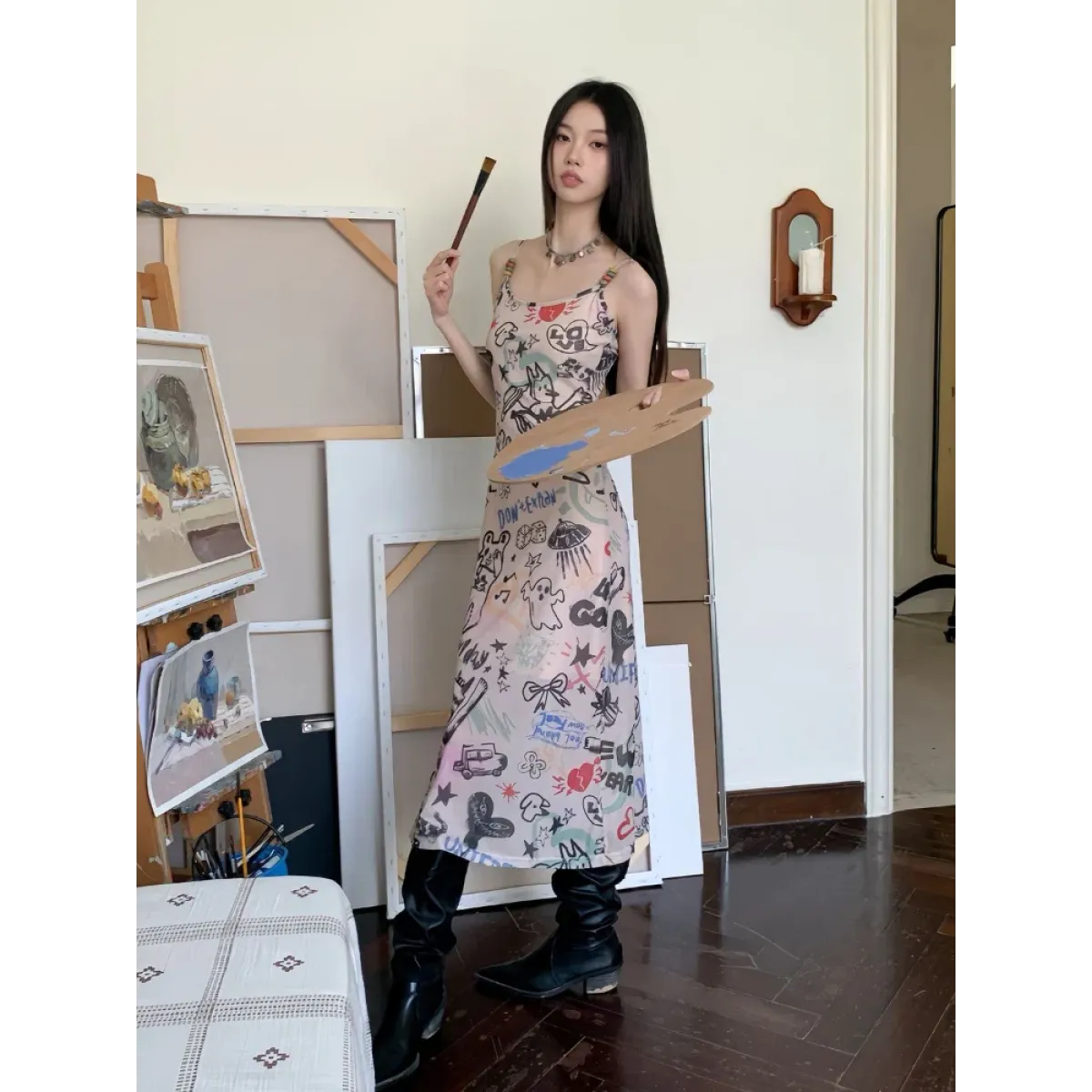 Y2K Cartoon Mesh Split Midi Dress - All Dresses - Midi Dress - 6