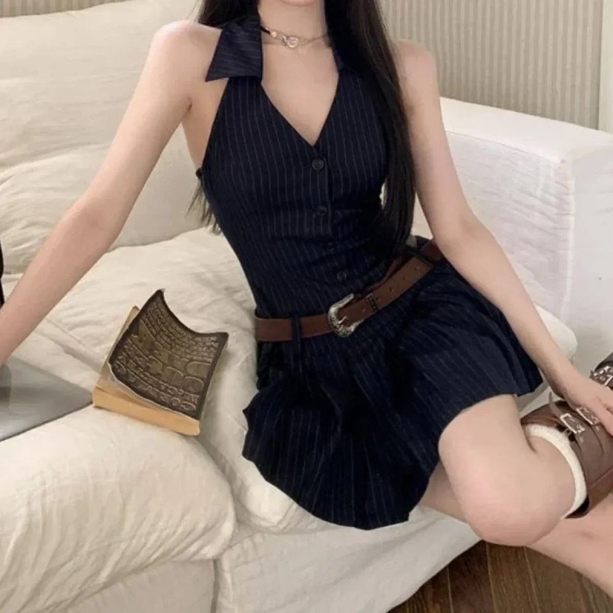 Y2K Pinstripe Backless Halter Mini Dress - All Dresses - Dresses - 1