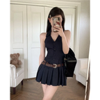Y2K Pinstripe Backless Halter Mini Dress - All Dresses - Dresses - 4