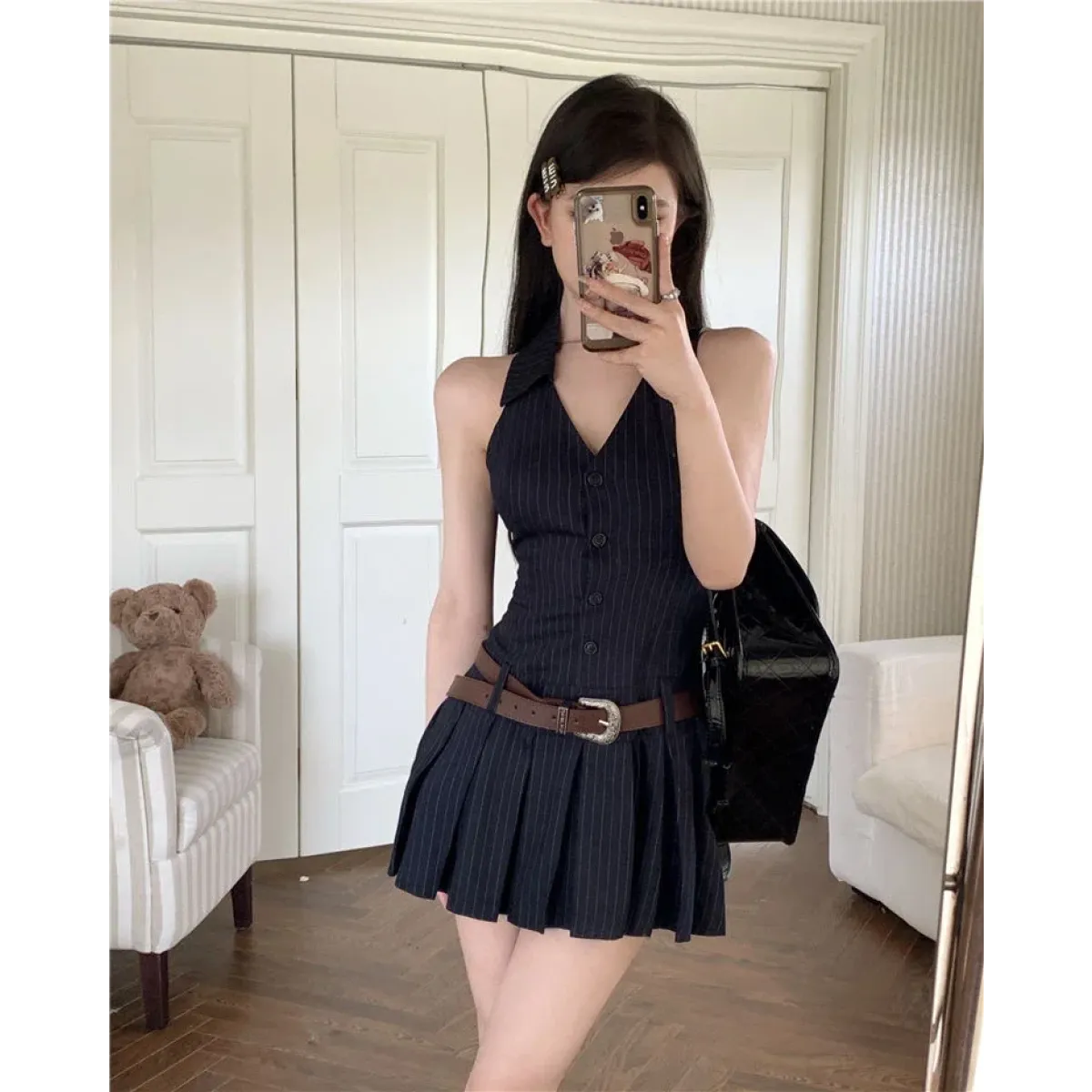 Y2K Pinstripe Backless Halter Mini Dress - All Dresses - Dresses - 4