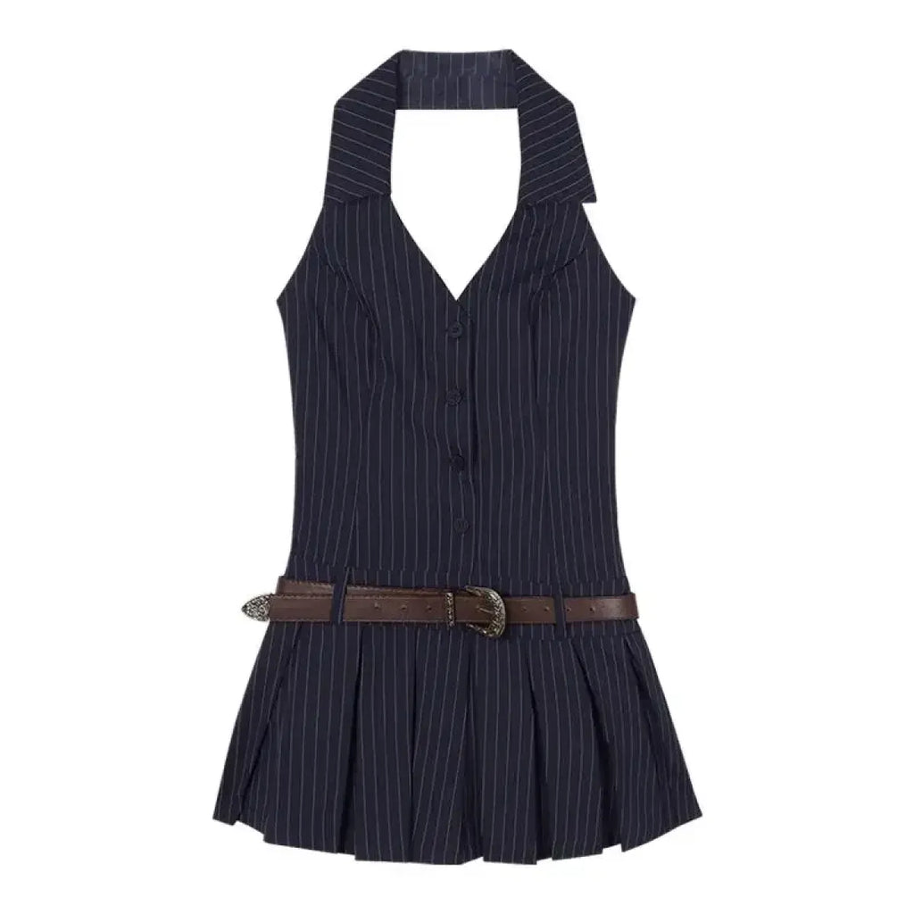 Y2K Pinstripe Backless Halter Mini Dress - All Dresses - Dresses - 6