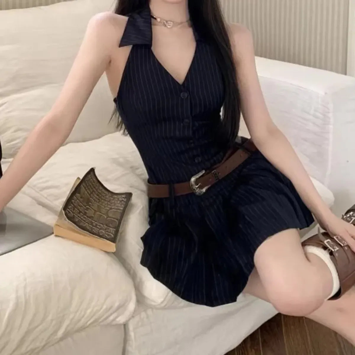 Y2K Pinstripe Backless Halter Mini Dress - All Dresses - Dresses - 7