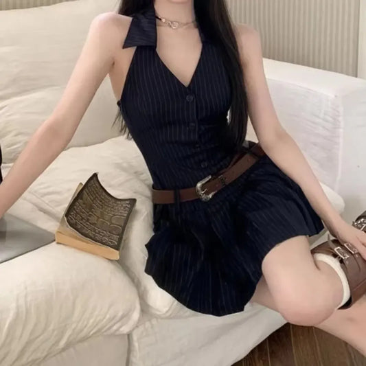 Y2K Pinstripe Backless Halter Mini Dress - All Dresses - Dresses - 7