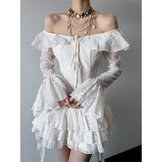 Y2K Embroidered Flare Sleeve Ruffle Mini Dress - All Dresses - Mini Dress - 1