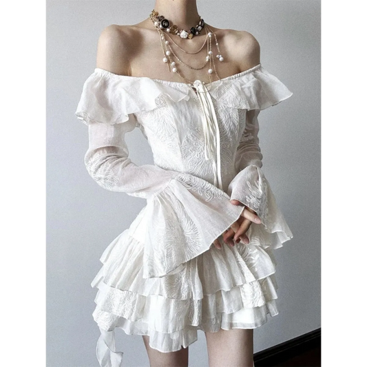 Y2K Embroidered Flare Sleeve Ruffle Mini Dress - All Dresses - Mini Dress - 2