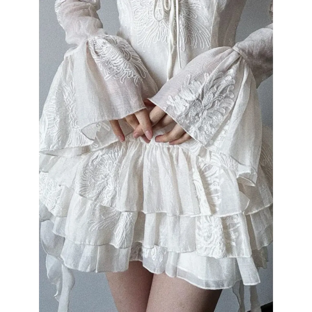 Y2K Embroidered Flare Sleeve Ruffle Mini Dress - All Dresses - Mini Dress - 6