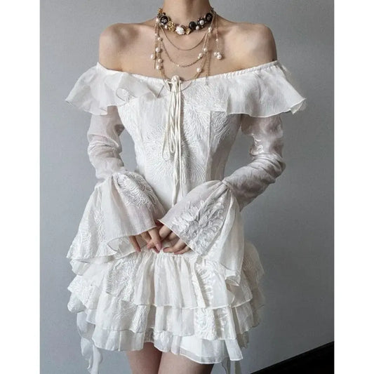 Y2K Embroidered Flare Sleeve Ruffle Mini Dress - All Dresses - Mini Dress - 7