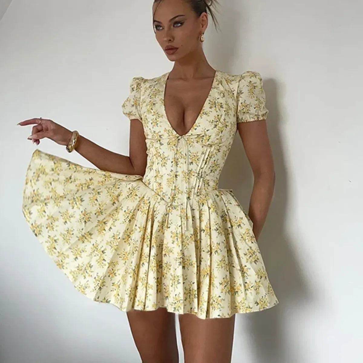 Y2K Floral Ruffle Mini Dress V Neck – Kawaii Stop Y2K Floral Ruffle Mini Dress V Neck – Kawaii Stop