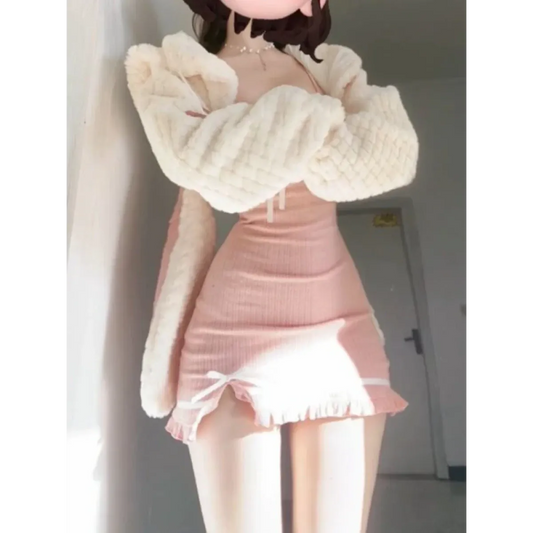 Y2K Fuzzy Cardigan & Bodycon Split Dress Set - All Dresses - Sets / Co-ords - 1