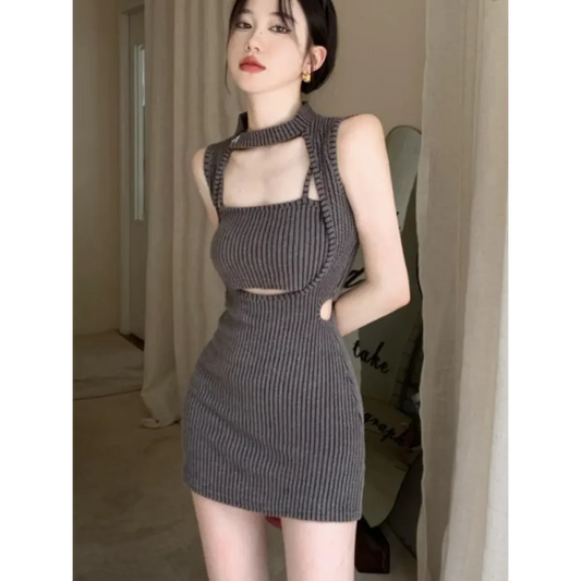 Y2K Hollow Out Knit Halter Mini Dress - All Dresses - Mini Dress - 1