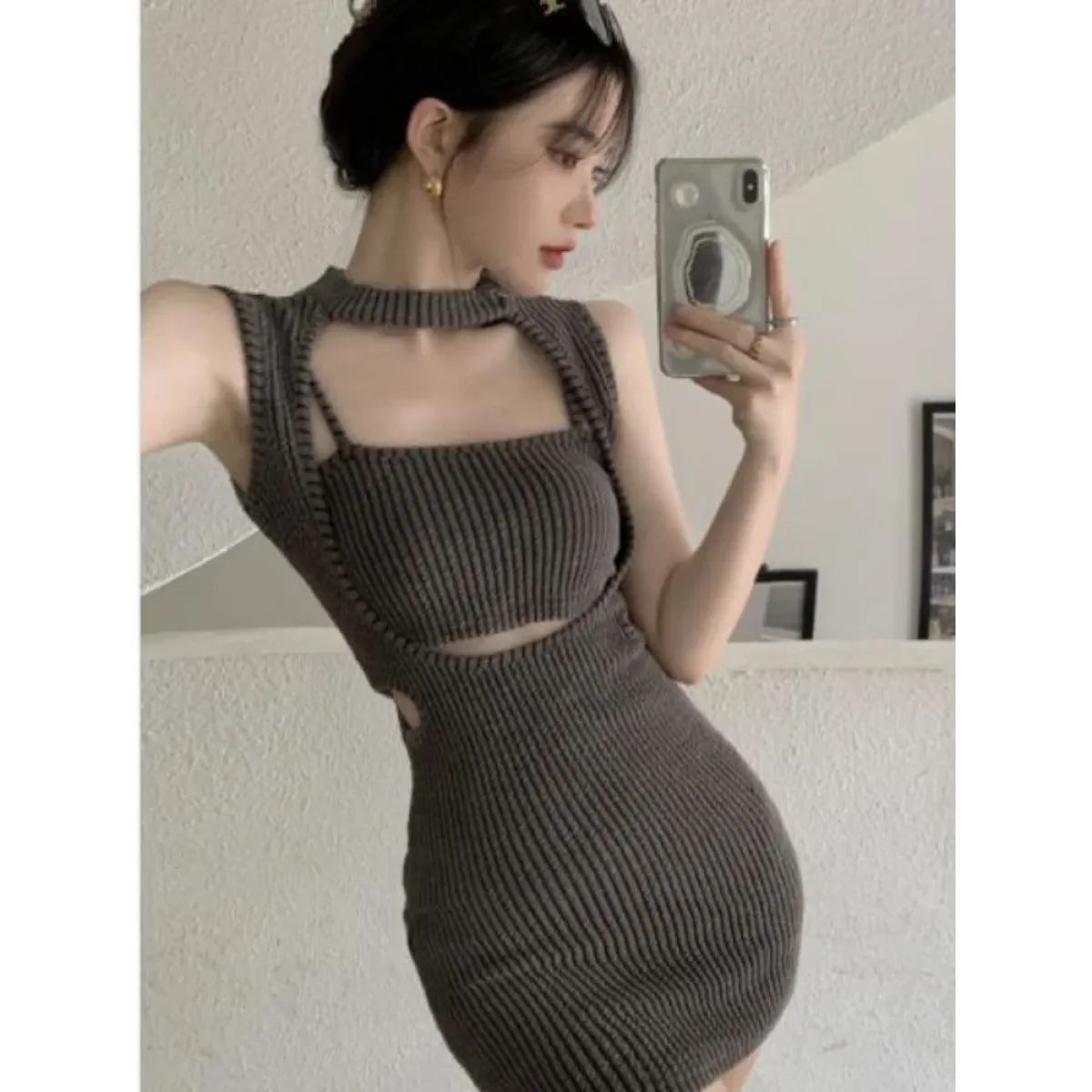 Y2K Hollow Out Knit Halter Mini Dress - All Dresses - Mini Dress - 3