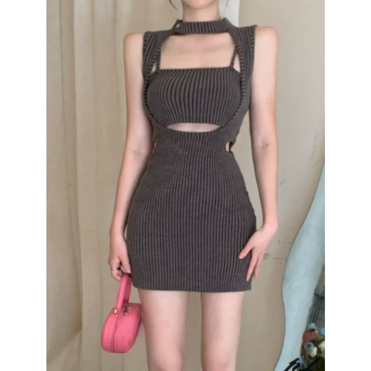 Y2K Hollow Out Knit Halter Mini Dress - All Dresses - Mini Dress - 4