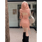 Y2K Hooded Cropped Top & Ruched Mini Dress Set - All Dresses - Sets / Co-ords - 3