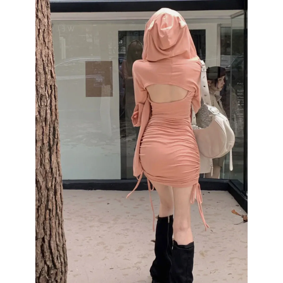 Y2K Hooded Cropped Top & Ruched Mini Dress Set - All Dresses - Sets / Co-ords - 3